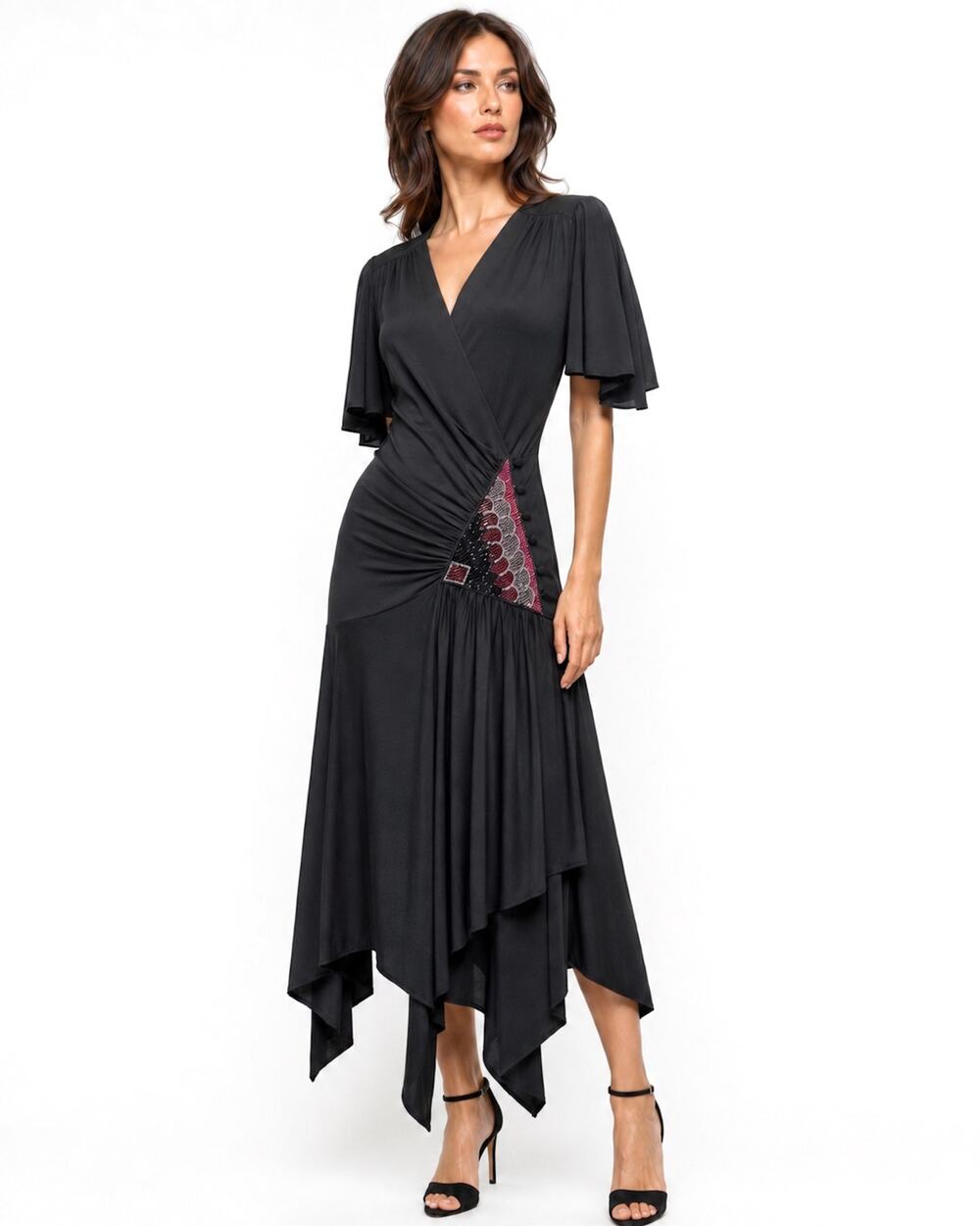 Vintage Vijack Black Beaded Wrap Dress | Nancy Bracoloni 70s 80s Scarf Hem | S